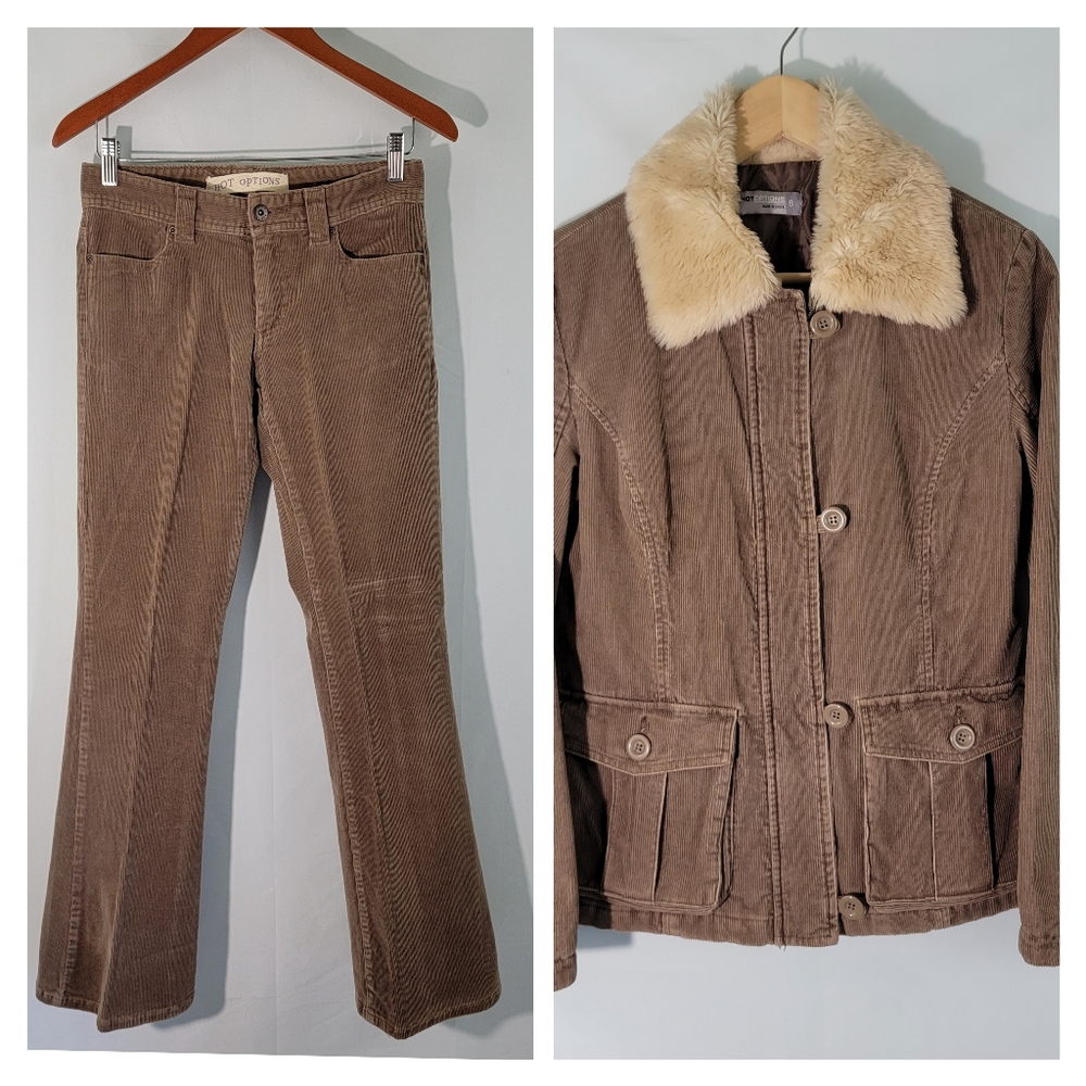 VTG HOT OPTION Camel Academia Blazer & Pants Corduroy Set Size 8 Faux Fur Collar